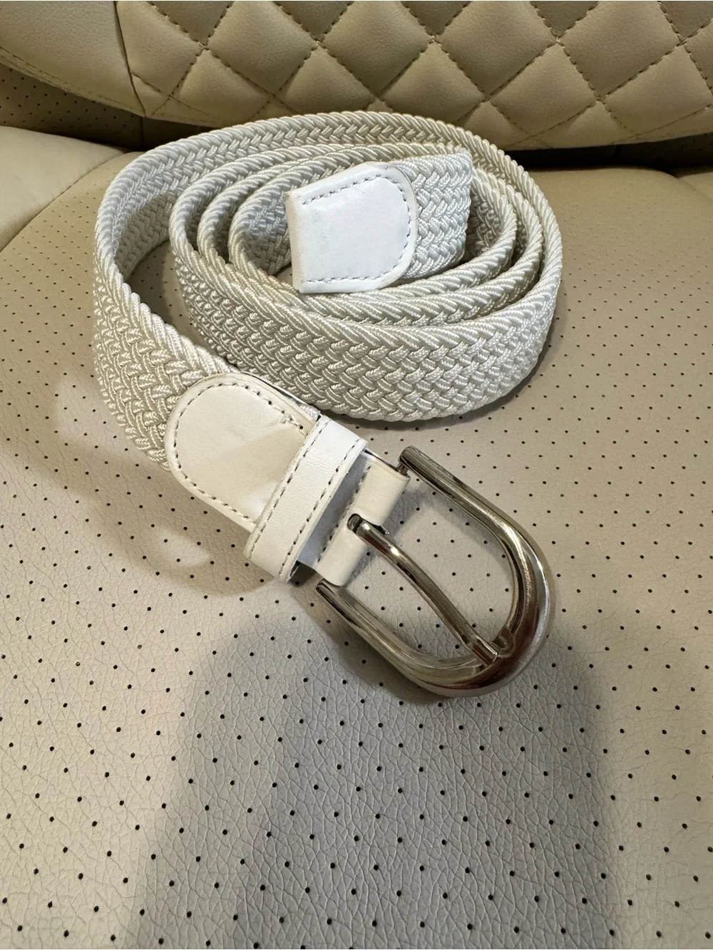 White Braided Stretch Belt Silver Buckle 53”